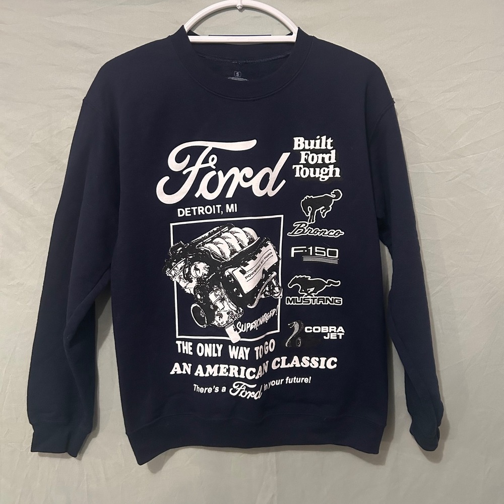 Ford Built Ford Tough Navy Blue Graphic Crewneck Sweatshirt Bronco Mustang Small